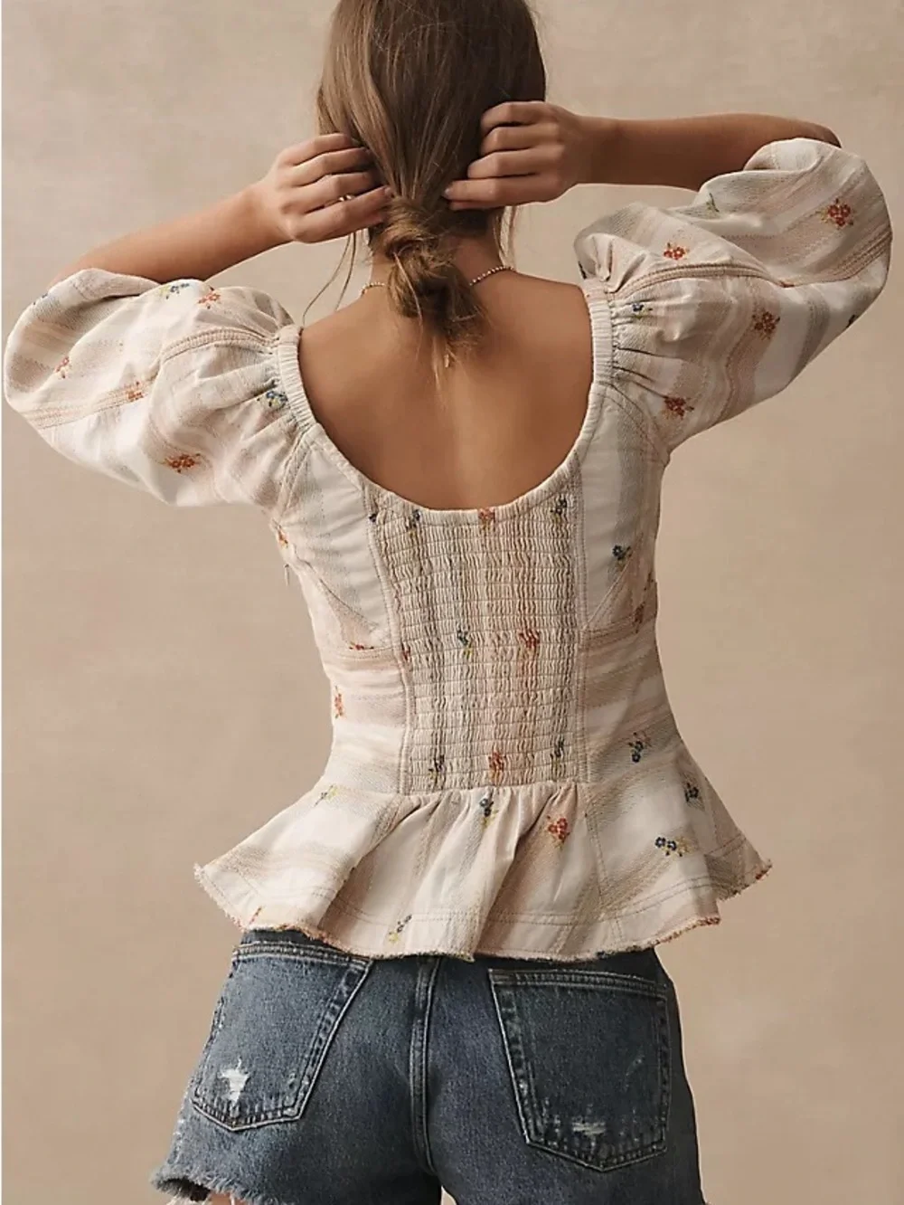 PILCRO ANTHROPOLOGIE Puff-Sleeve Peplum Blouse Floral Smocked Boho Cotton Top L